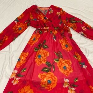 Vibrant Pink Floral Sheer Wrap Top Style Maxi Dress Size 2XL Used once NO TAGS